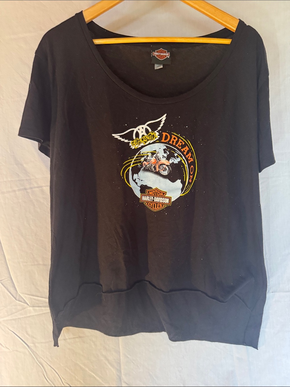 Harley-Davidson Black Tee with Orange & White Globe Motorcycle Graphic